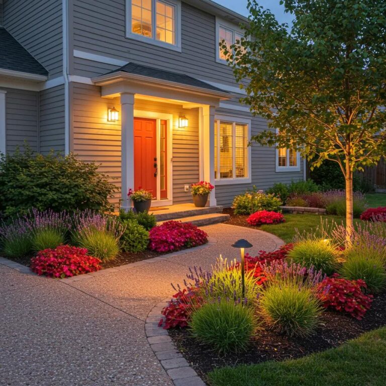 Beautifully landscaped front yard featuring vibrant native plants, a welcoming path, and a charming home entrance with a red door, illuminated by outdoor lighting.