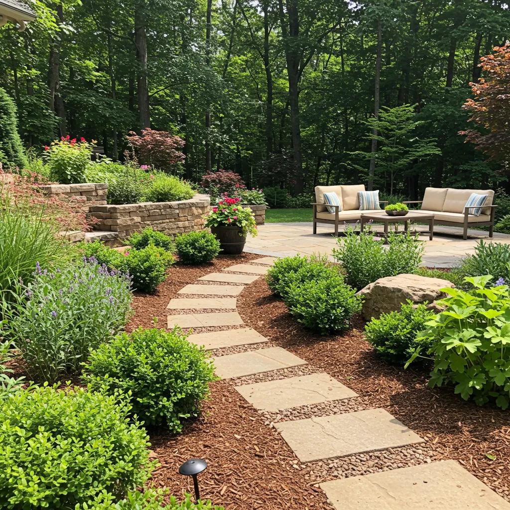 Beautifully landscaped garden in Marietta, GA, featuring native plants, stone hardscaping, and a cozy seating area with decorative pillows, surrounded by lush greenery and vibrant flowers.