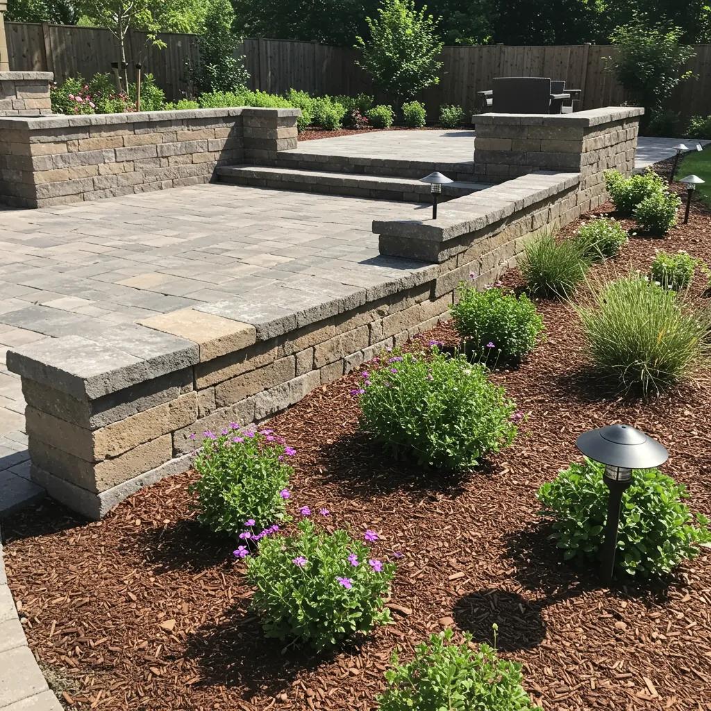 Custom outdoor living space featuring structured hardscape with stone seating areas, layered planting beds with purple flowers, and decorative lighting, enhancing backyard usability and aesthetics for homeowners.
