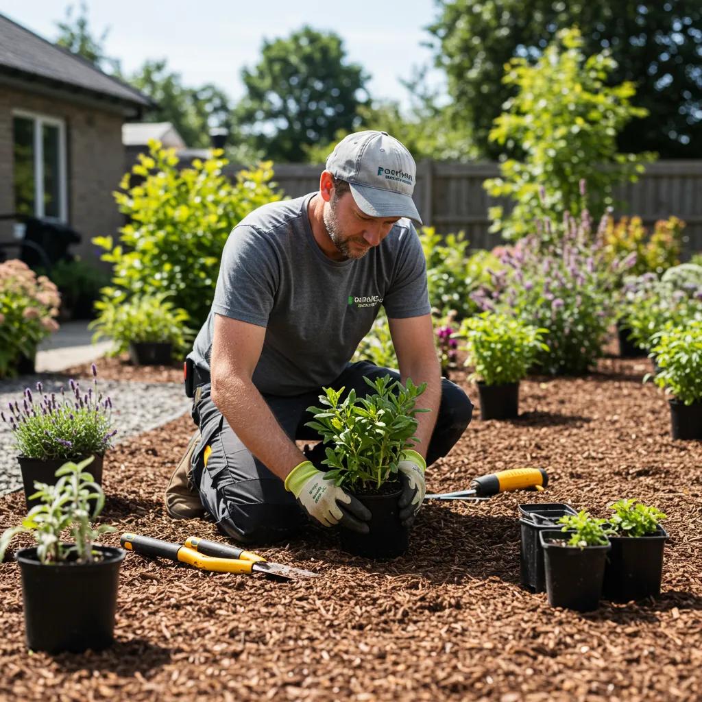 Landscaper planting a young plant in a garden, showcasing expertise in local landscaping and plant selection, surrounded by potted plants and mulch, emphasizing durable and attractive outdoor spaces.