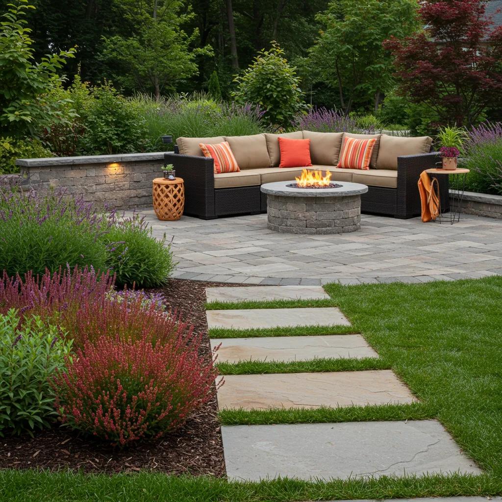 Stunning outdoor living space featuring a cozy seating area with a fire pit, natural stone patio, and lush plants, exemplifying efficient landscape design and backyard transformation.