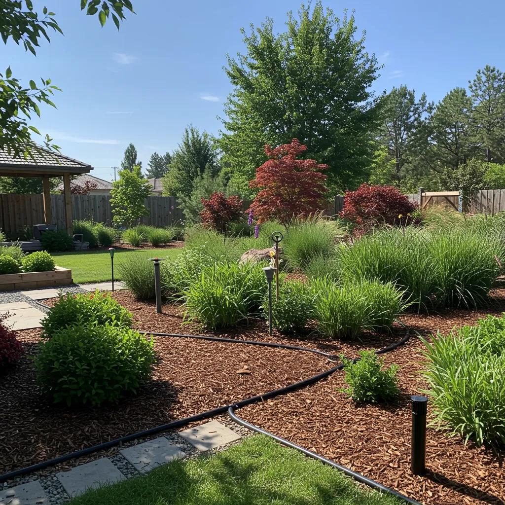 Sustainable garden design featuring native plants, water-efficient irrigation, and mulch pathways in a residential landscape setting.