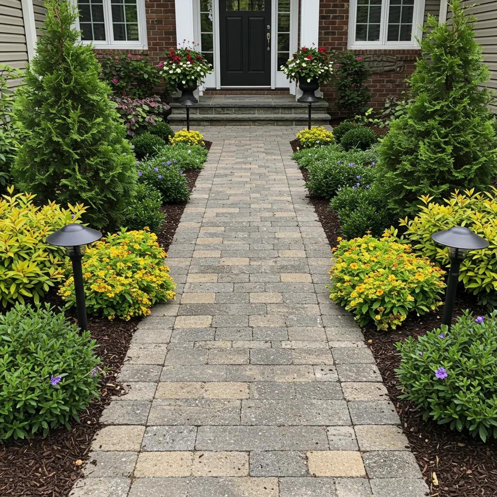 Symmetrical plantings framing a clear entry path with seasonal flowers