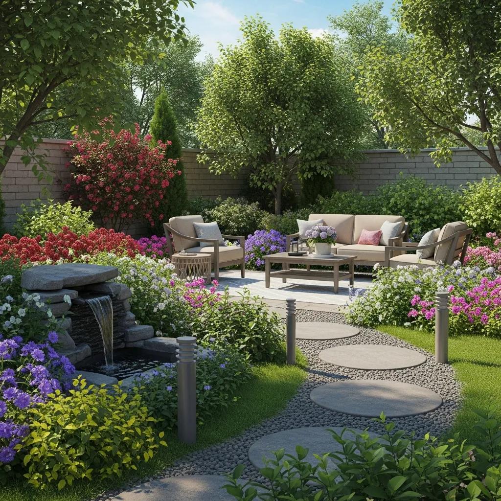 Luxury garden with patio, outdoor kitchen, and elegant water feature