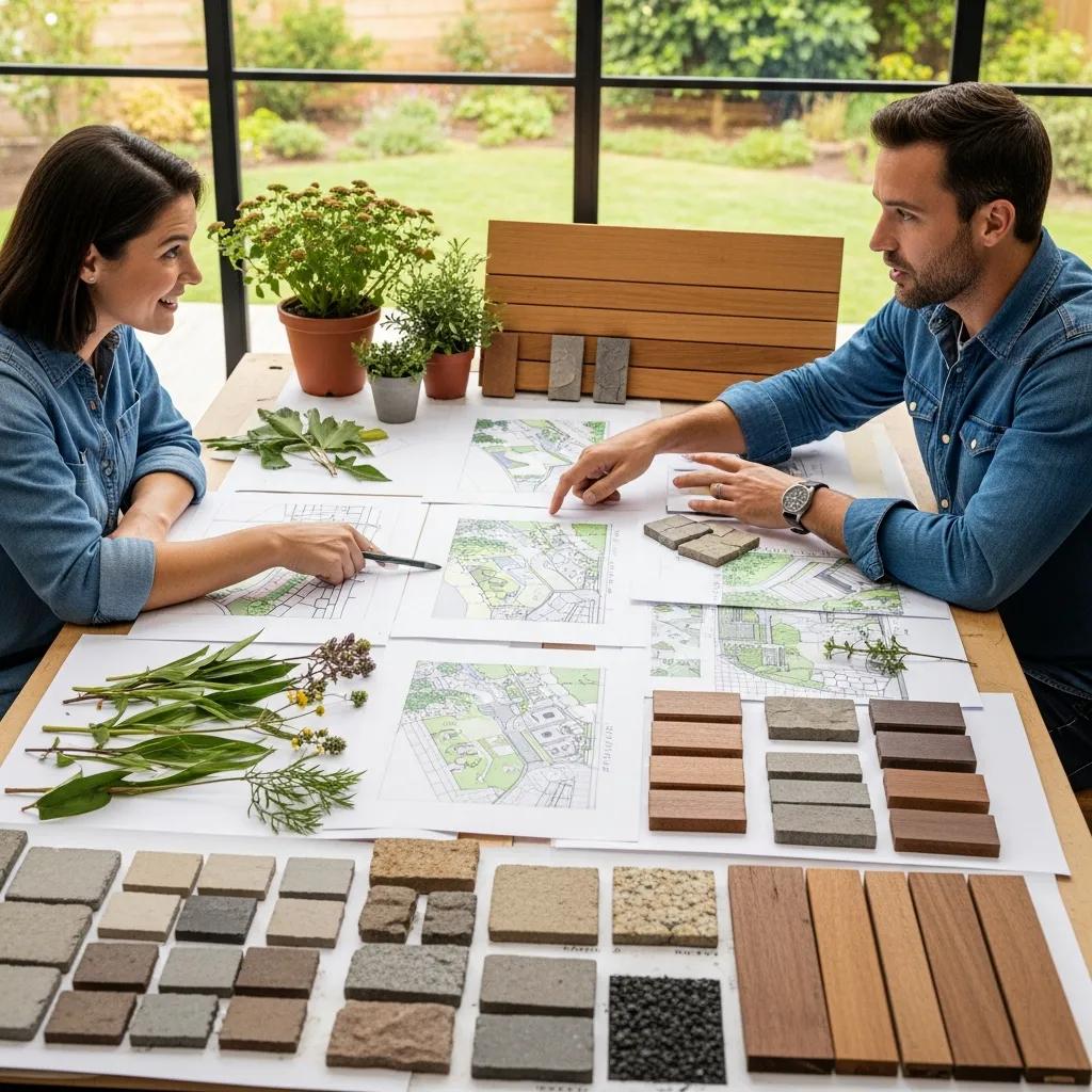 Landscape designer and homeowner discussing conceptual designs and material selections