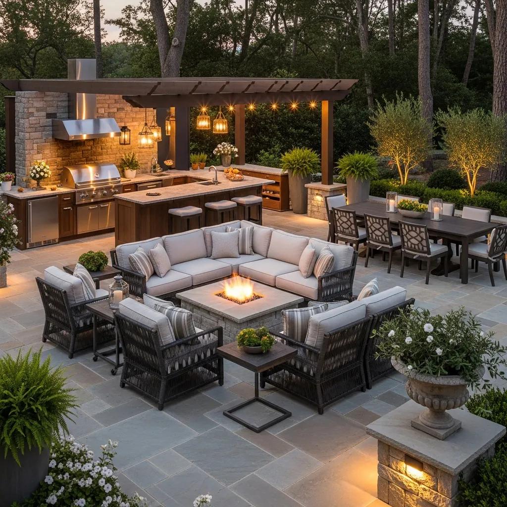 Luxurious outdoor living area with custom patio and outdoor kitchen
