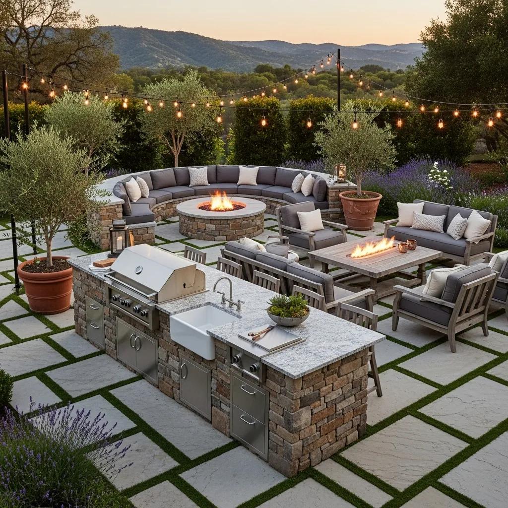Luxurious outdoor living space with an outdoor kitchen and inviting fire pit