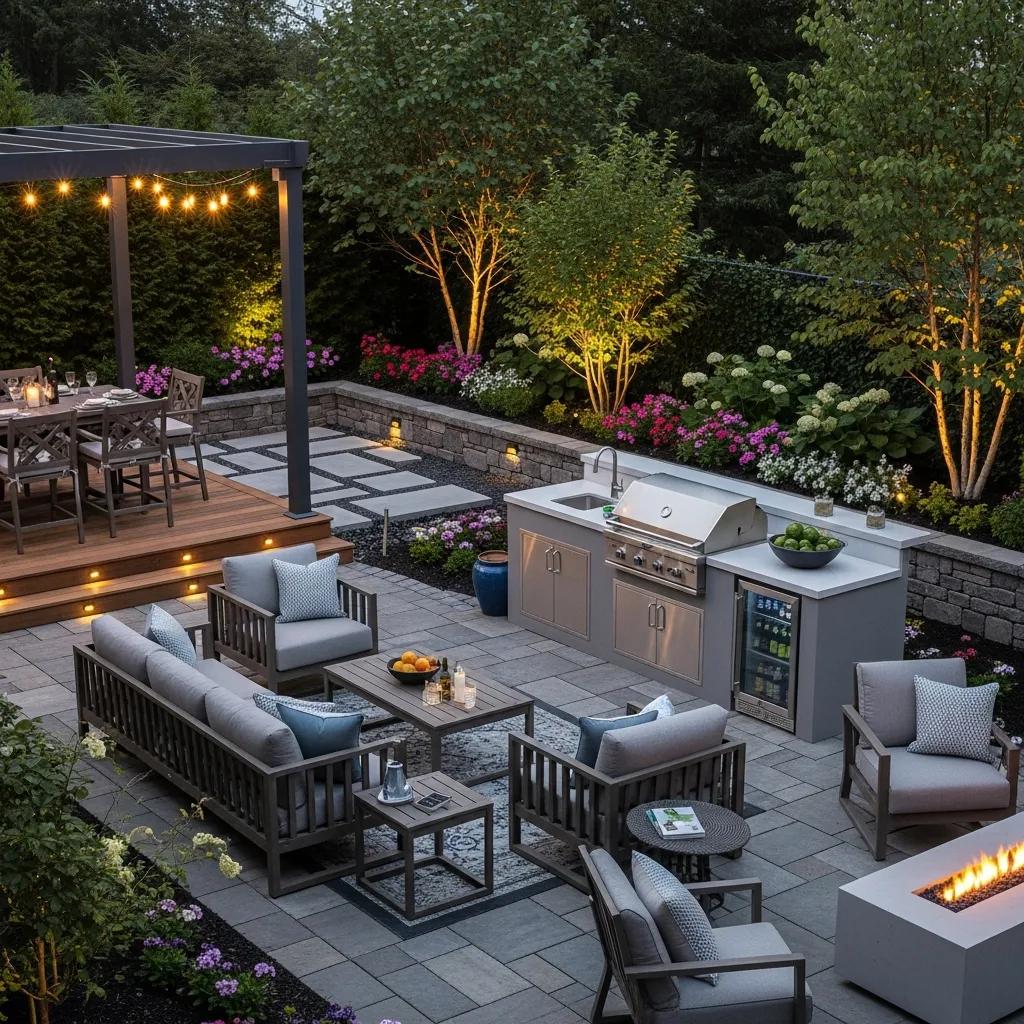 Stylish outdoor living space with a modern patio and lush landscaping designed for relaxation and entertainment